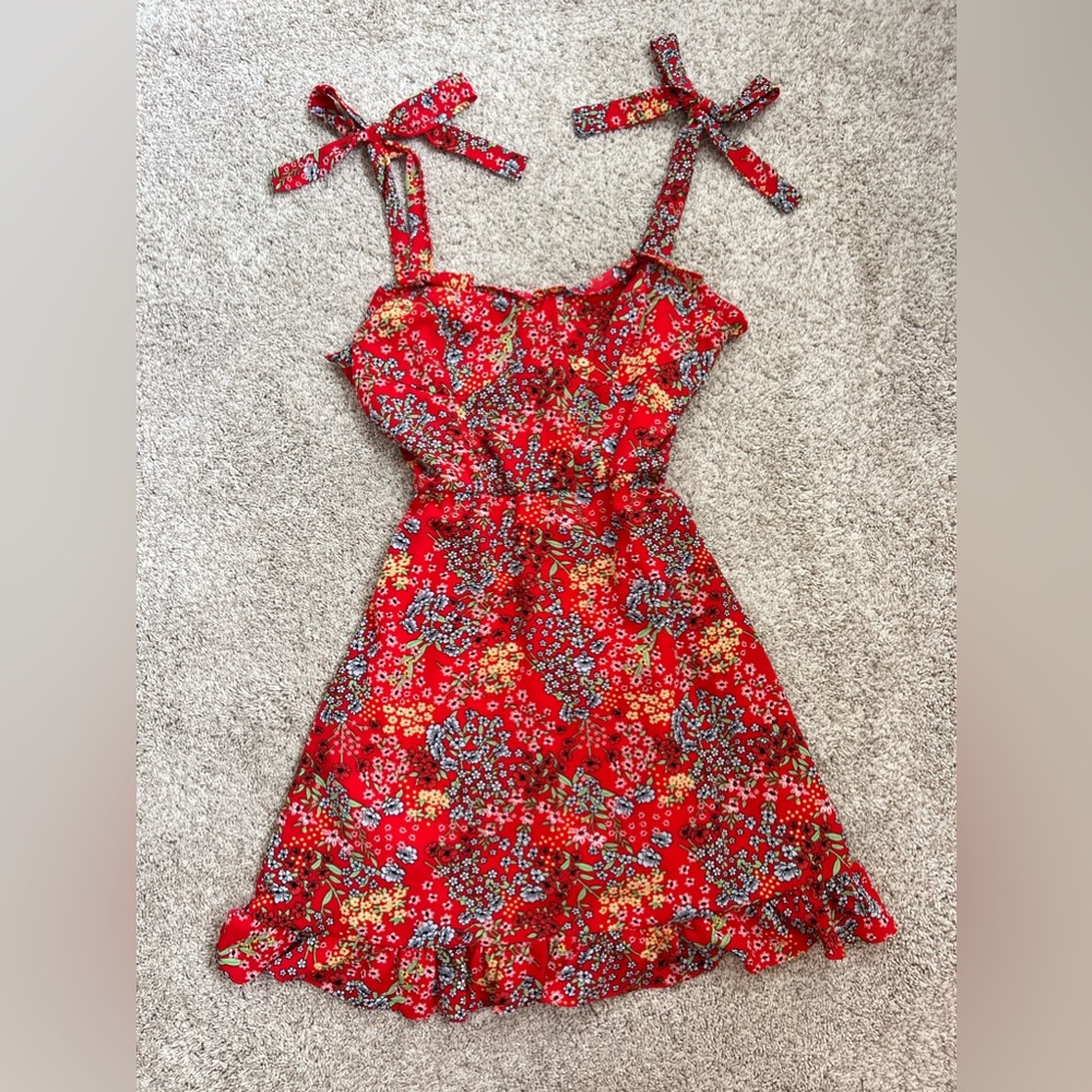 Red floral mini dress with tie straps